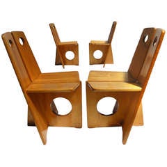 Set of 4 Dutch Pine wood Gerrit Rietveld influenced dining or side chairs