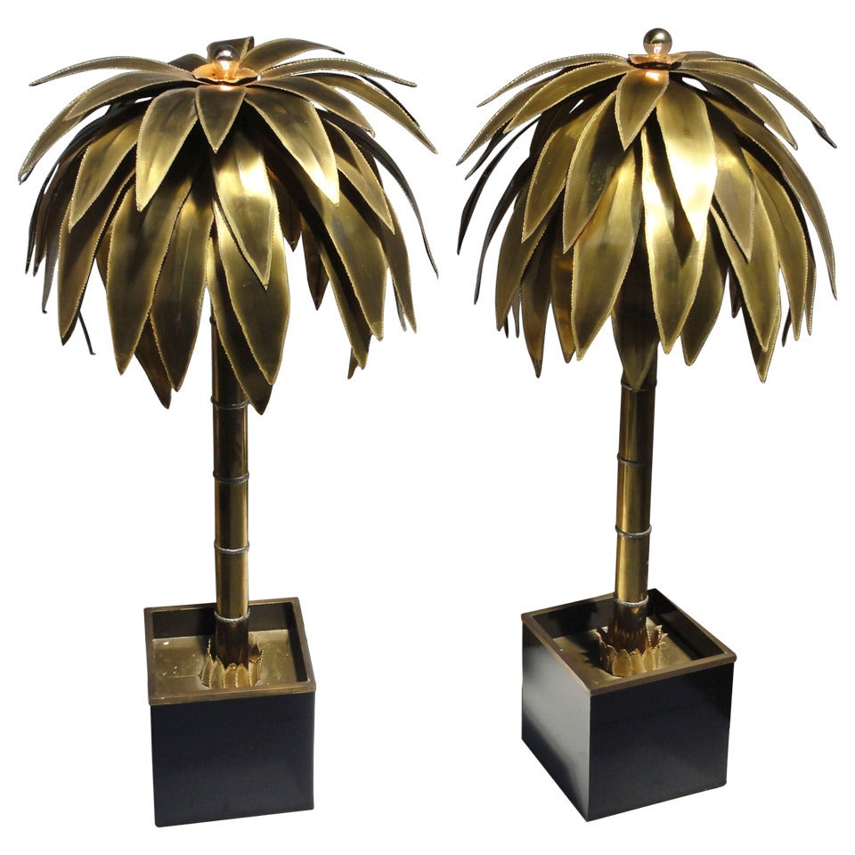 Stunning Pair of Maison Jansen Brass Gilded Metal Palm Tree Floor Lamps