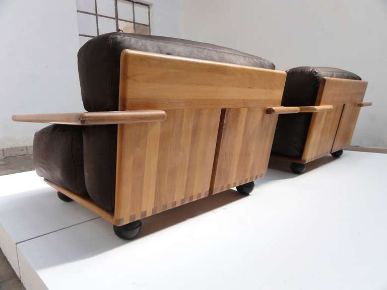 Italian Mario Bellini 'Pianura', Lounge Chairs, Brown Leather & solid Walnut, Cassina, 1971