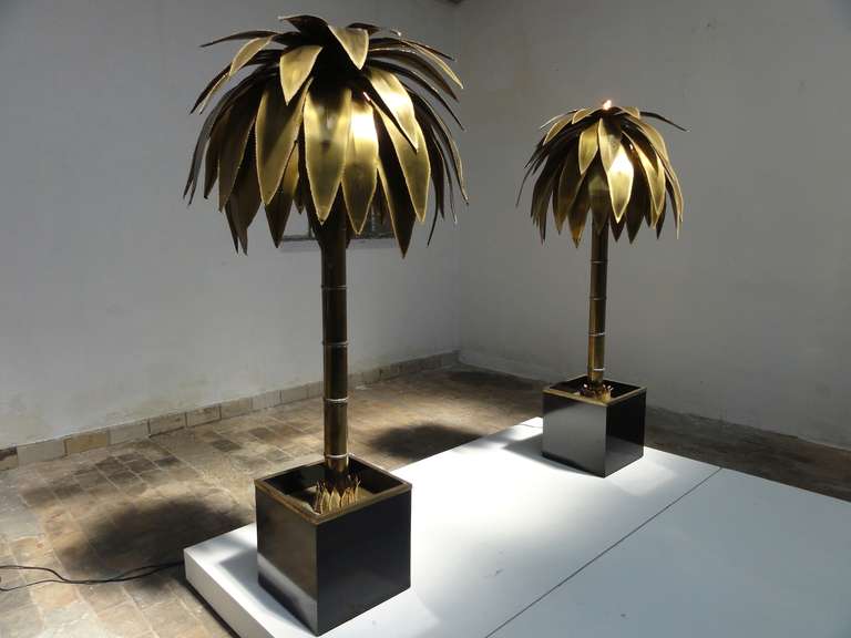 Stunning Pair of Maison Jansen Brass Gilded Metal Palm Tree Floor Lamps 1