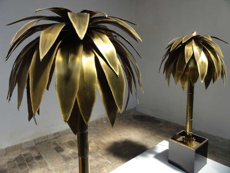French Stunning Pair of Maison Jansen Brass Gilded Metal Palm Tree Floor Lamps