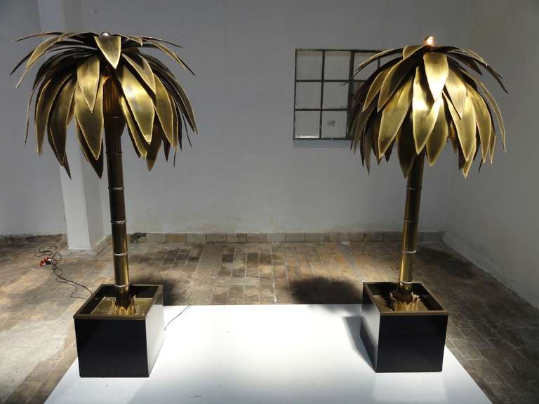 Late 20th Century Stunning Pair of Maison Jansen Brass Gilded Metal Palm Tree Floor Lamps