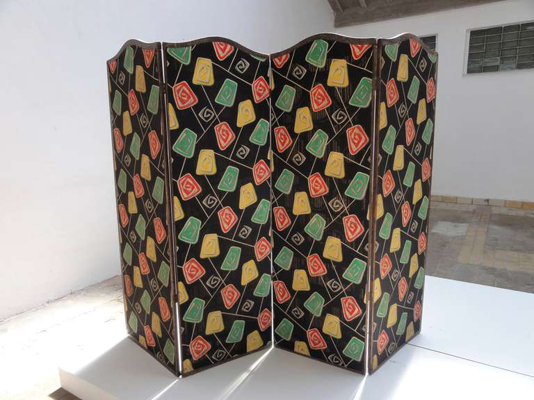 Wood Fabulous 50's Room Divider / Paravent With Typical 50's Textile Print