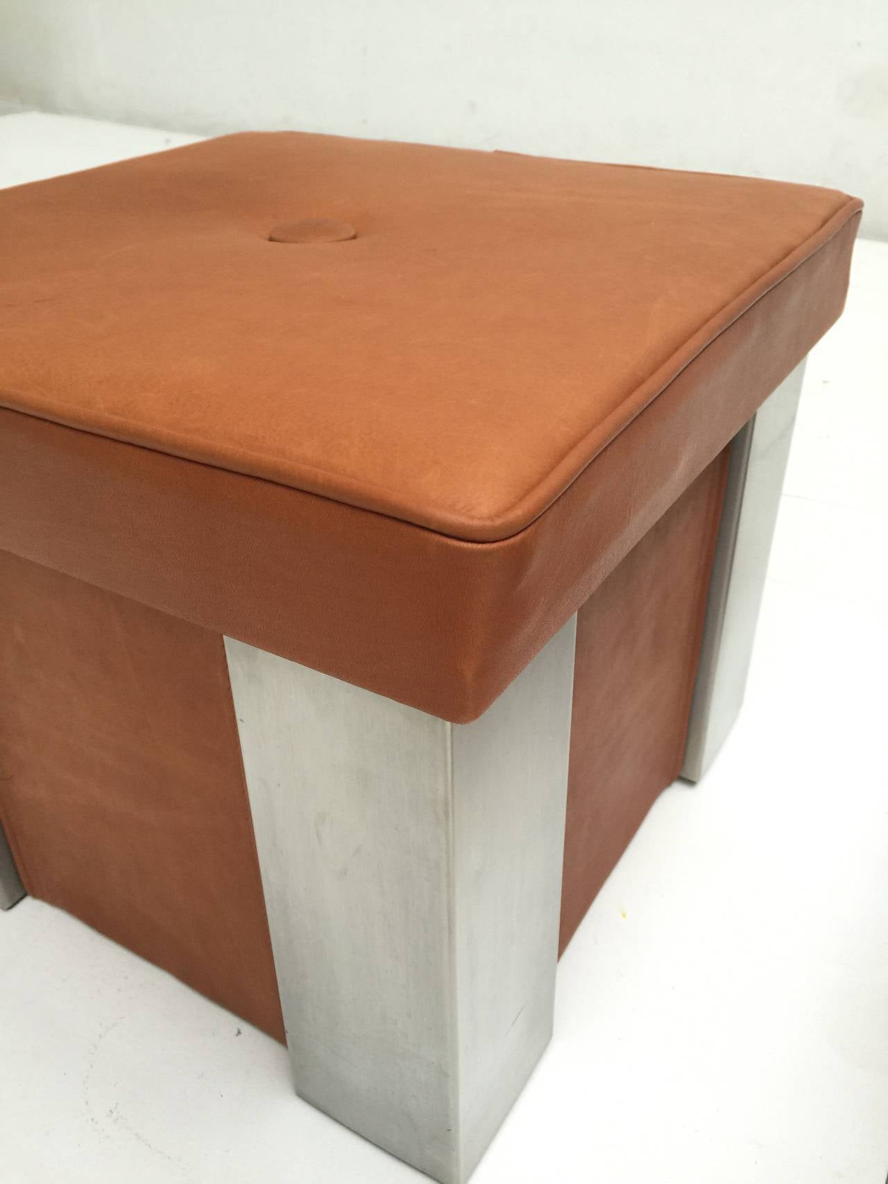 Elegant Pair of Leather and Stainless Steel Stools Attributed to Romeo Rega 1