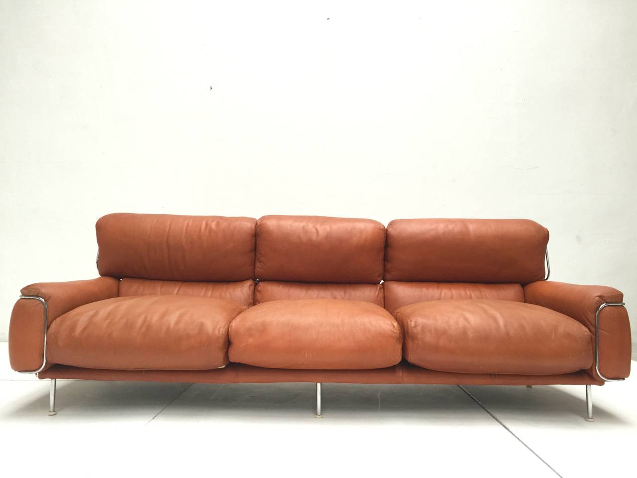 Italian Rare Three-Seat Leather Sofa by Vittorio Introini for Saporiti, 1968, Published