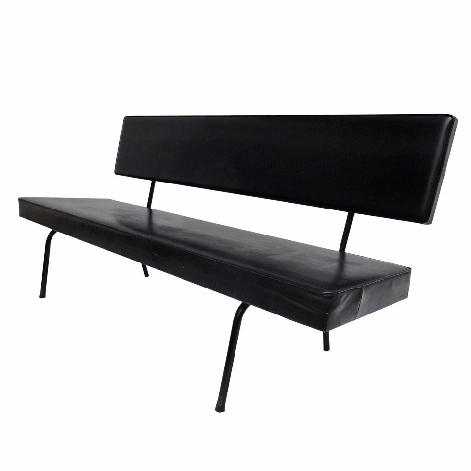 Dutch Minimal 1950s Bench in Black Skai Leather Upholstery For Sale