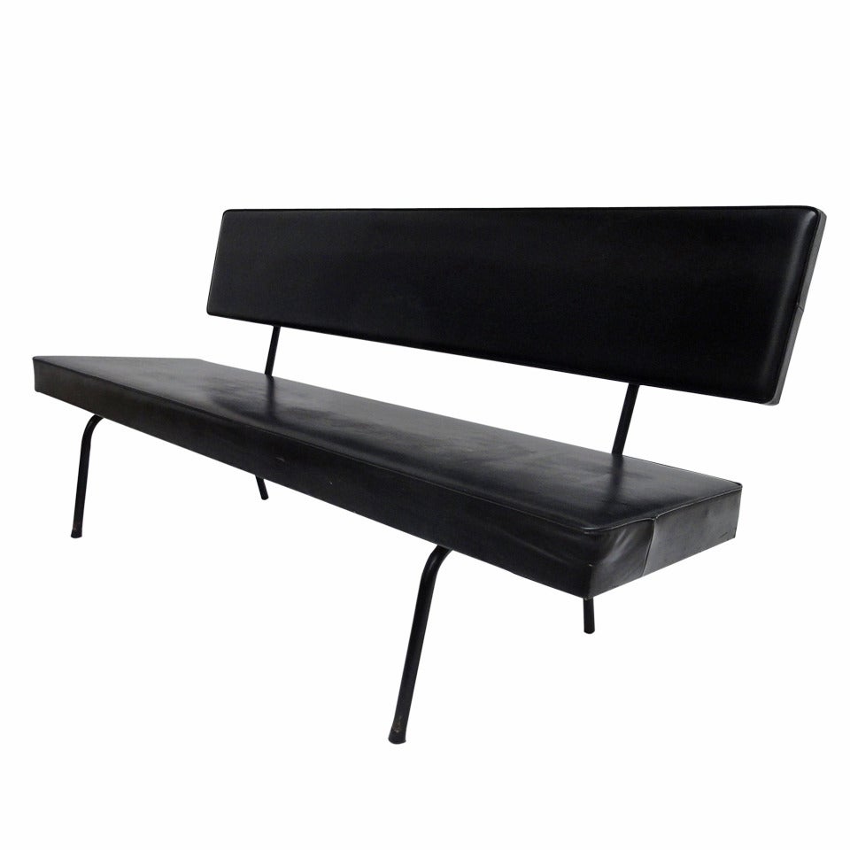 Dutch Minimal 1950s Bench in Black Skai Leather Upholstery