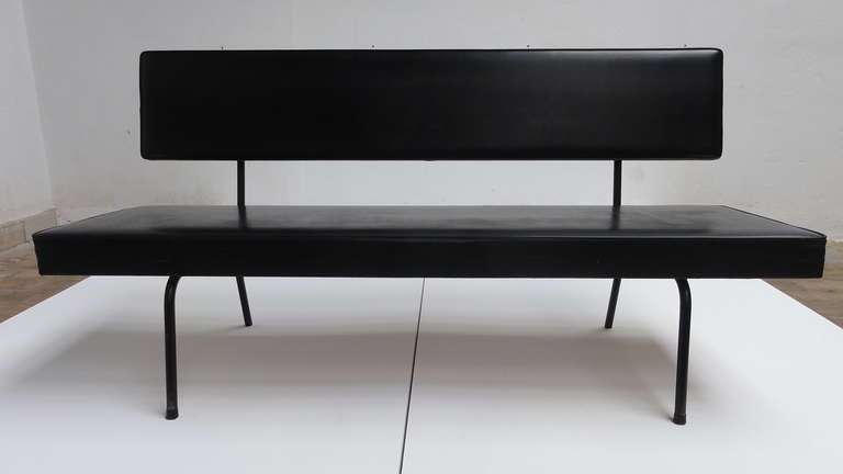 Dutch Minimal 1950s Bench in Black Skai Leather Upholstery In Fair Condition For Sale In bergen op zoom, NL