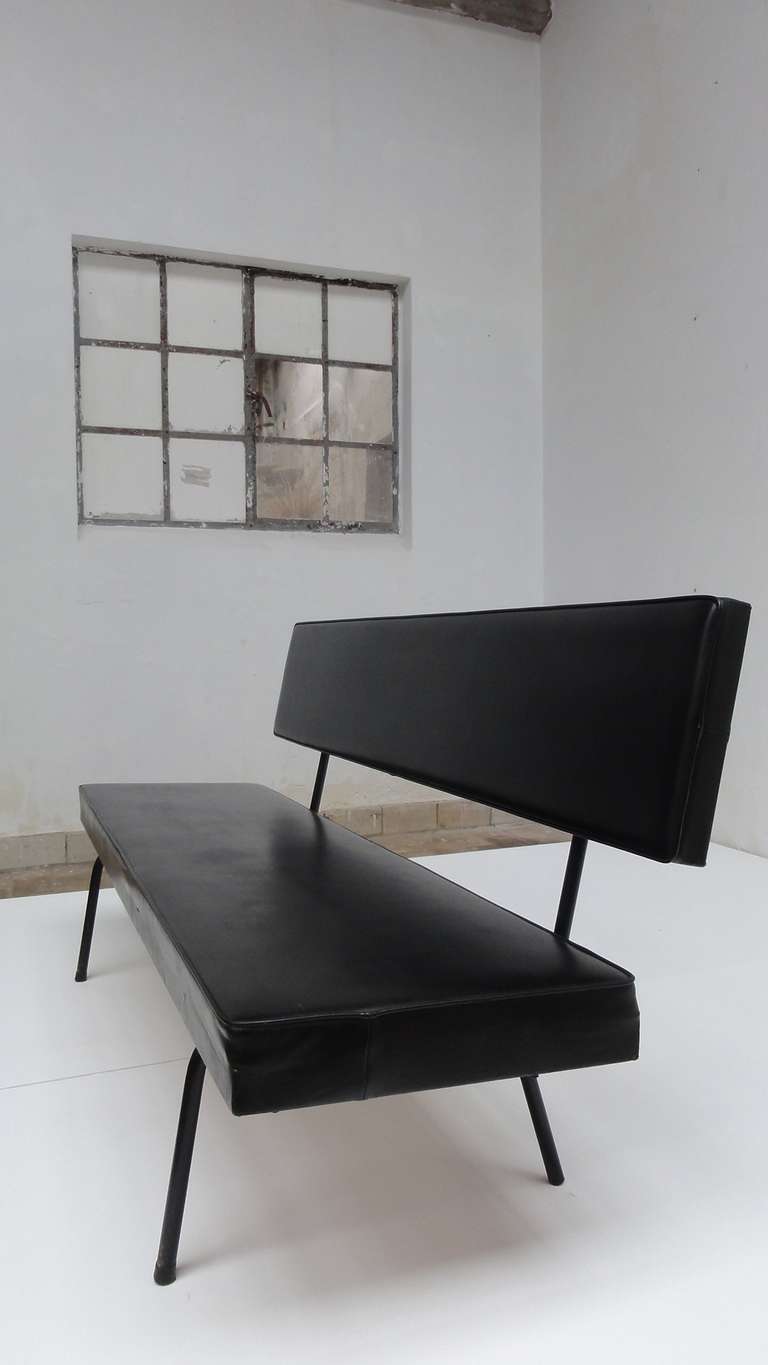 Mid-Century Modern Dutch Minimal 1950s Bench in Black Skai Leather Upholstery For Sale