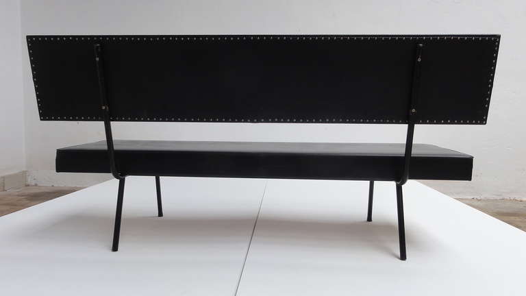 Mid-20th Century Dutch Minimal 1950s Bench in Black Skai Leather Upholstery For Sale