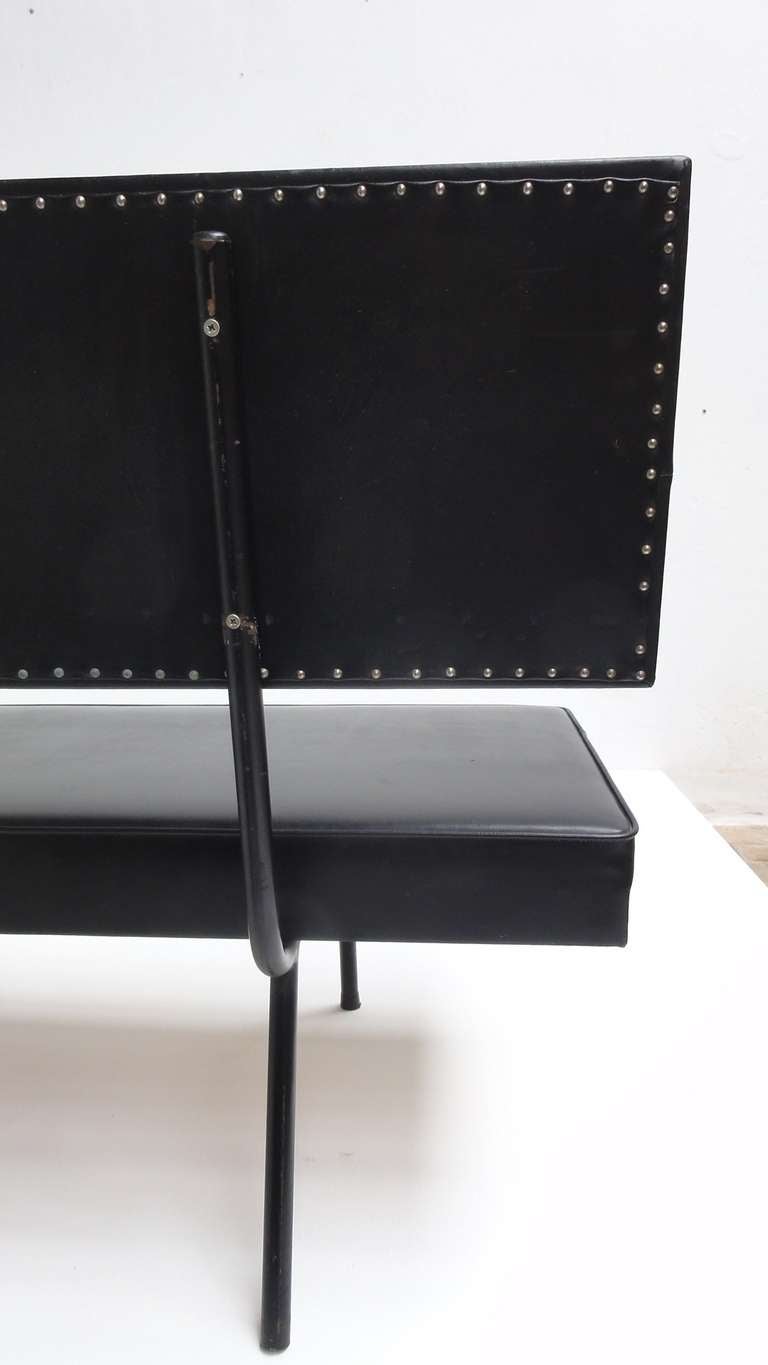 Metal Dutch Minimal 1950s Bench in Black Skai Leather Upholstery For Sale