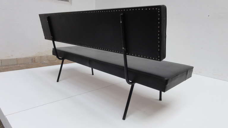 Dutch Minimal 1950s Bench in Black Skai Leather Upholstery For Sale 2