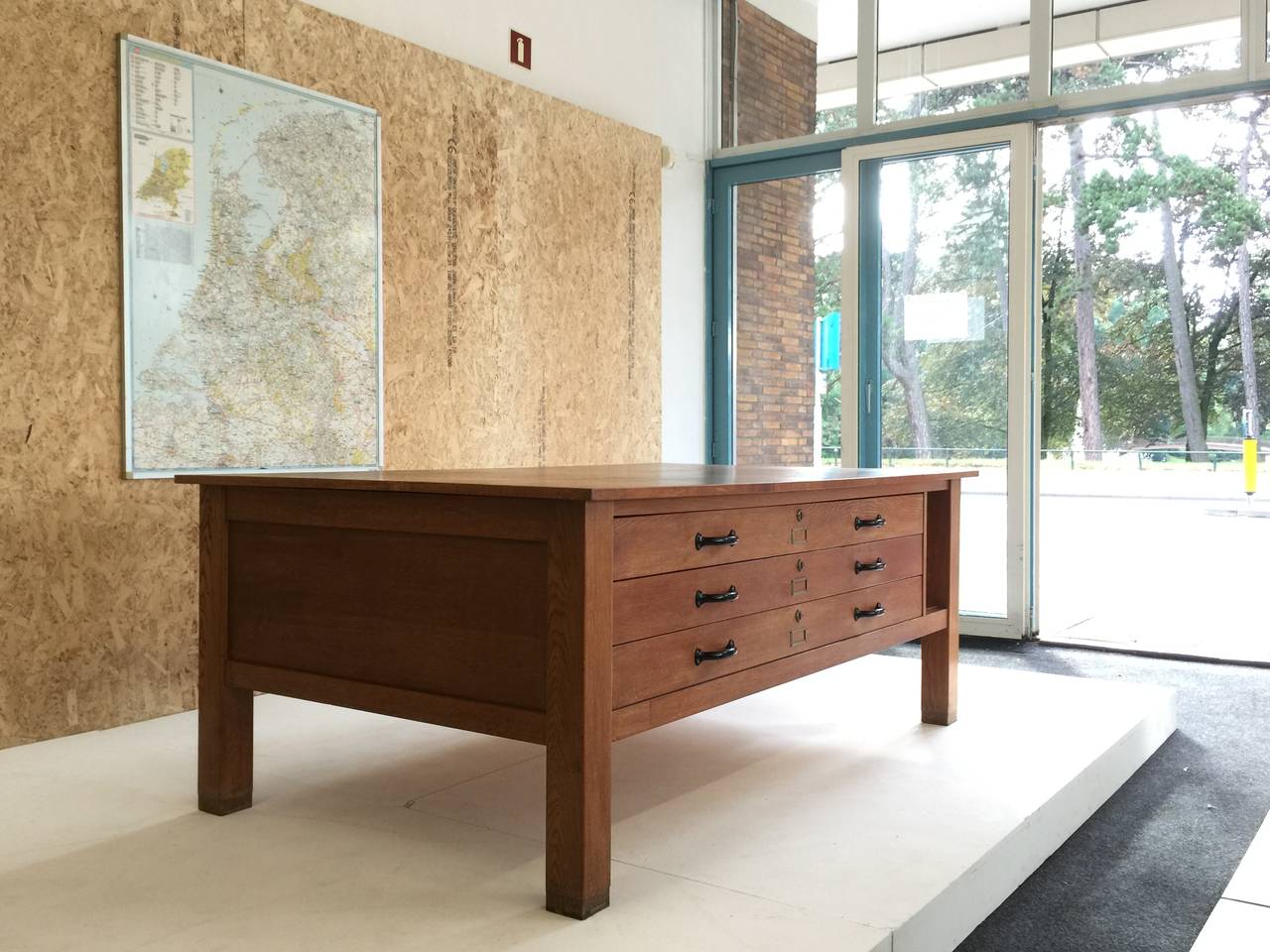 Mid-20th Century Large Oak Architects Flat File/Map Table from Dutch University