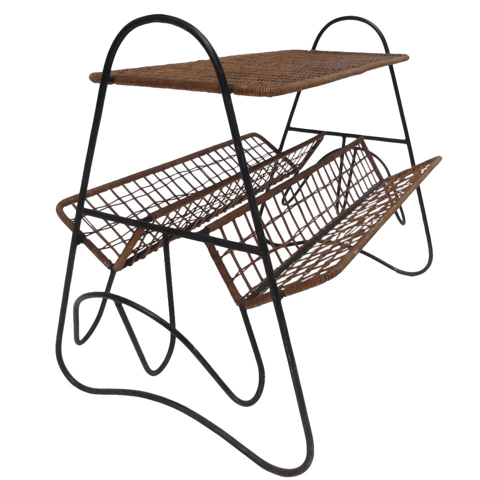French 1950s Wicker and Metal Side Table or Magazine Rack