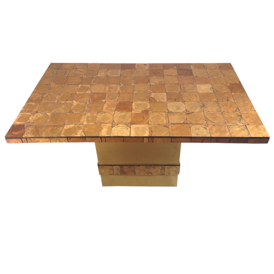 Table in Style of Vautrin, Artisan crafted, reverse gilded glass tiles, 1960s