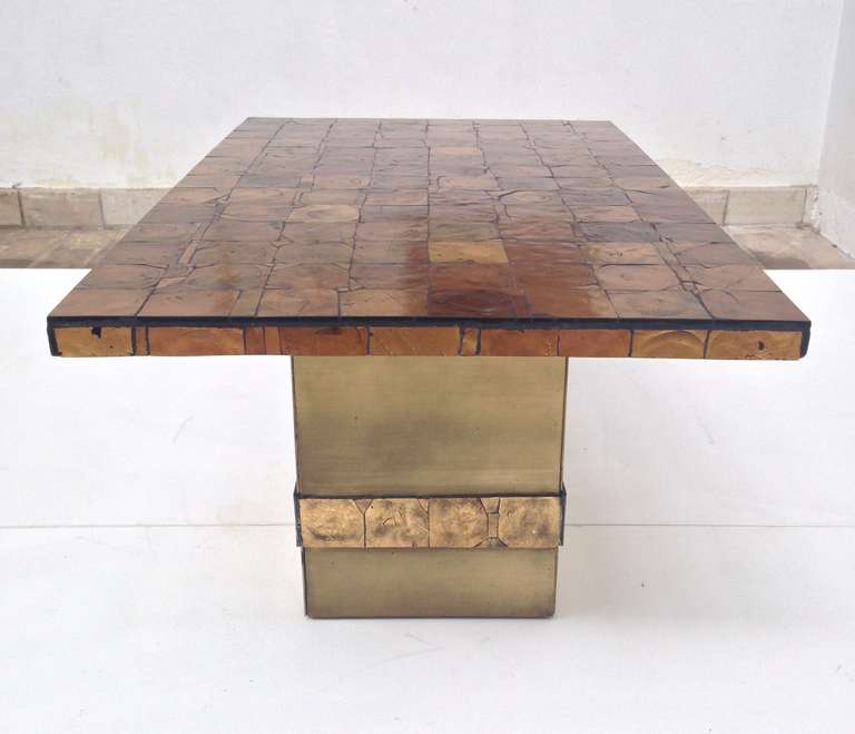 Table in Style of Vautrin, Artisan crafted, reverse gilded glass tiles, 1960s 1