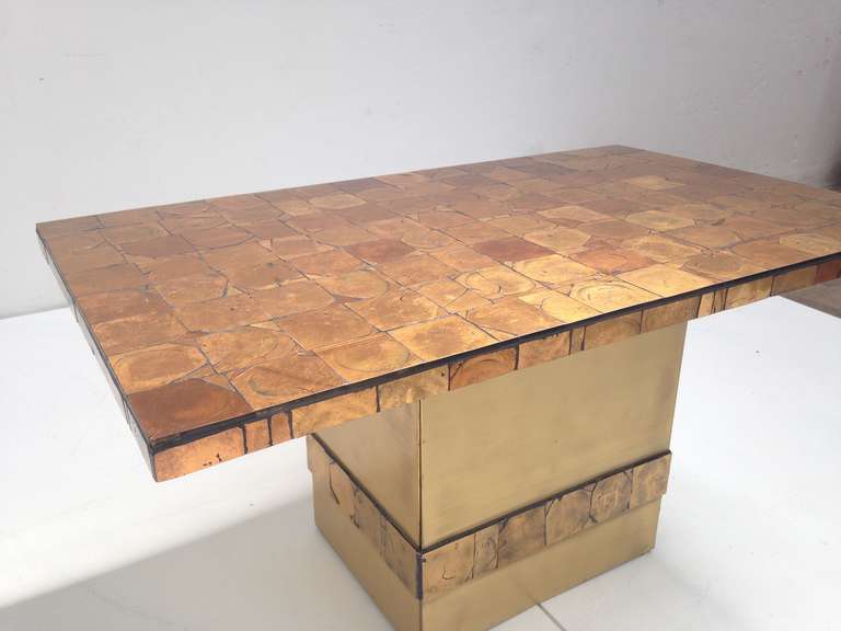 Table in Style of Vautrin, Artisan crafted, reverse gilded glass tiles, 1960s 3