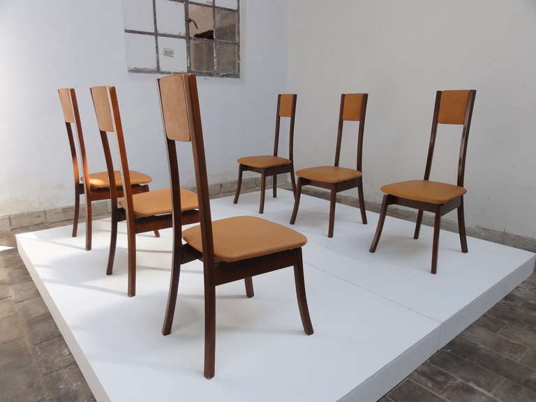 Rare set of six S11 dining chairs  in  authentic leather and mahogany wood  by italian master architect Angelo Mangiarotti produced by Sorgente dei mobili ,Italy in 1972. 

These are rare examples of  Mangiarotti's “neo liberty” style. The model