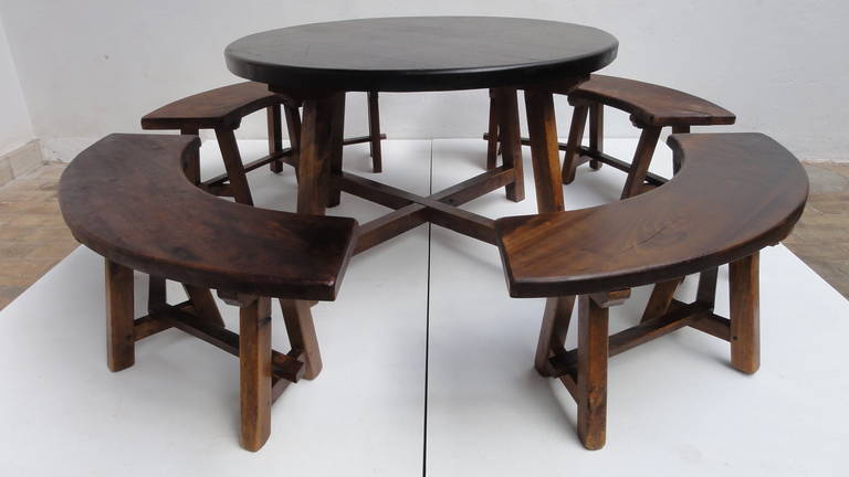Rustic Round Stained oak French Dining Set in the style of Pierre Chapo 2