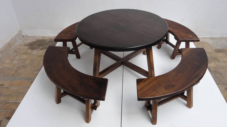 Rustic Round Stained oak French Dining Set in the style of Pierre Chapo 4