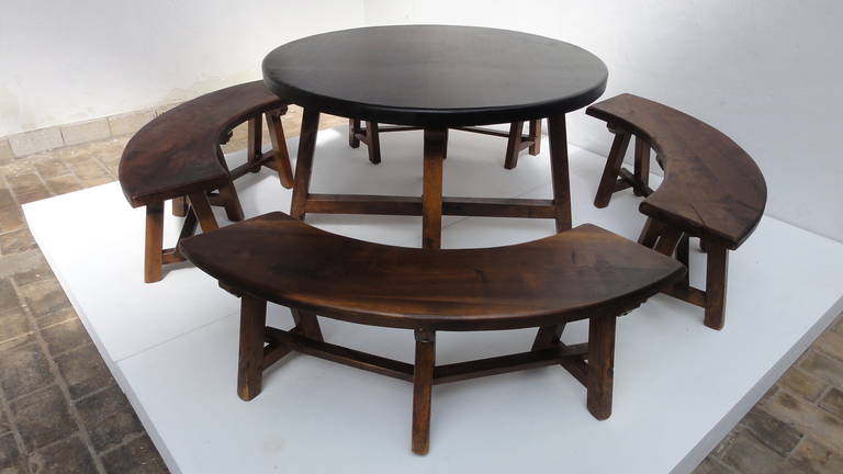 Rustic Round Stained oak French Dining Set in the style of Pierre Chapo 5