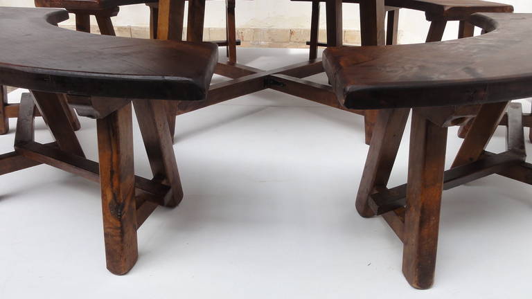 Rustic Round Stained oak French Dining Set in the style of Pierre Chapo 1