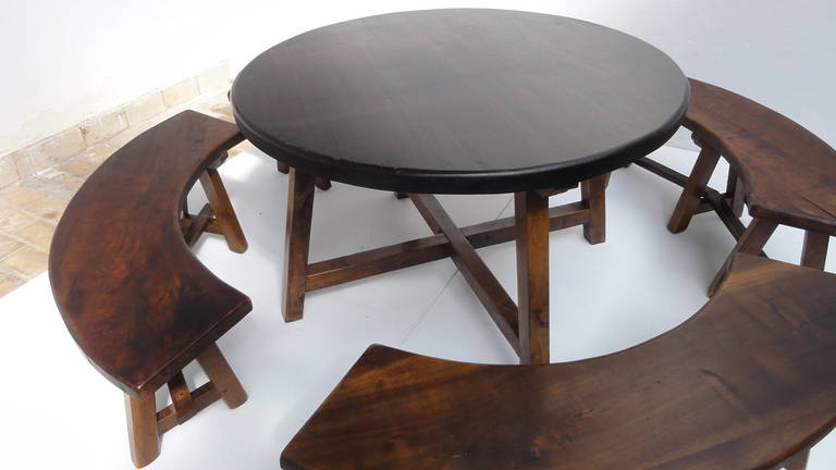 Late 20th Century Rustic Round Stained oak French Dining Set in the style of Pierre Chapo
