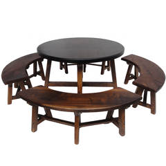 Rustic Round Stained oak French Dining Set in the style of Pierre Chapo