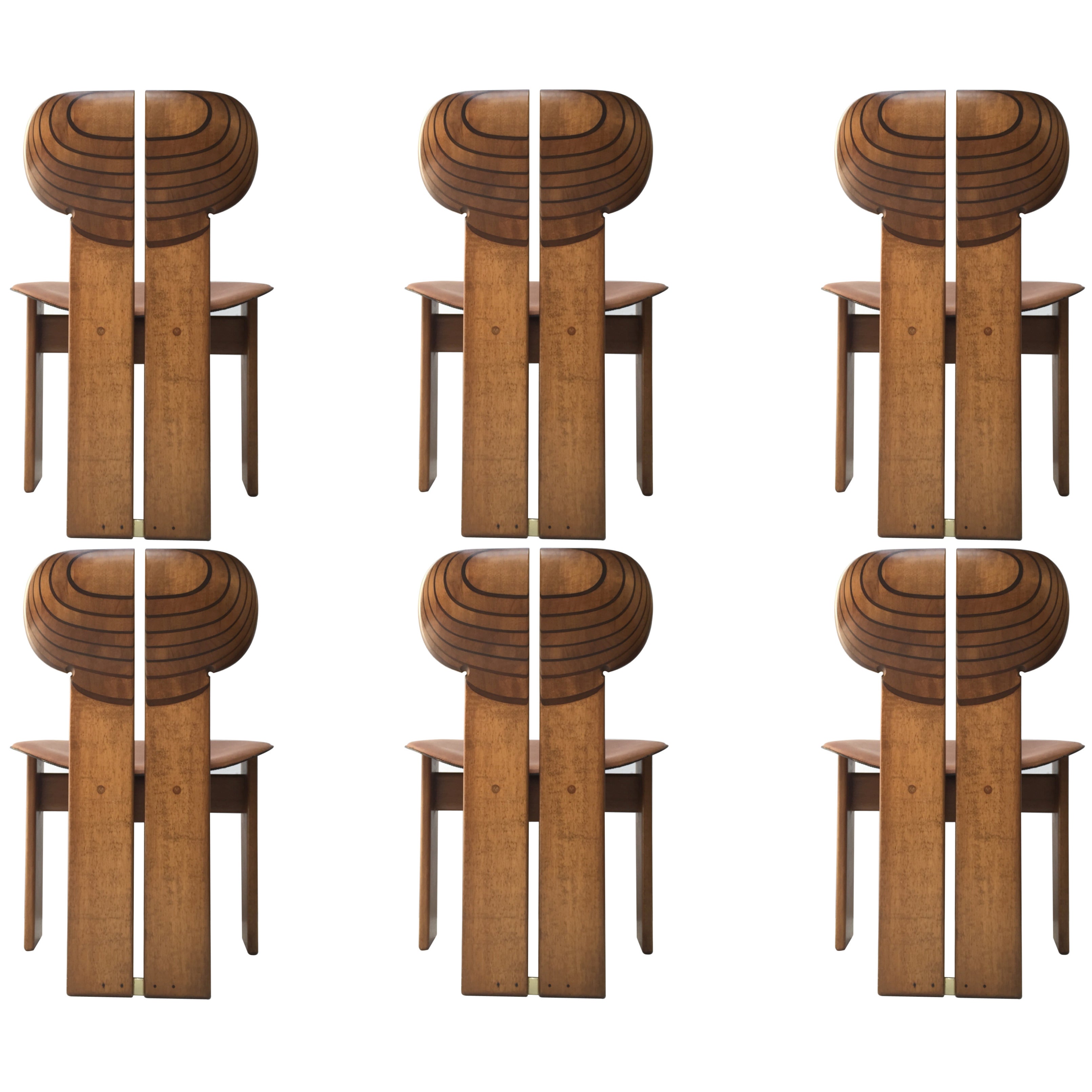 'Africa' Chairs by Scarpa, Finished in Walnut, Ebony and Leather, Signed