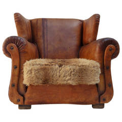 Beautiful Distressed Vintage Leather French Deco Wingback Chair with Character