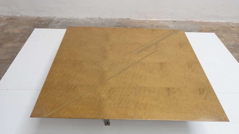 Plated rare 'ONDA' table By  Offredi , burl wood & inlaid diagonal motifs in elm