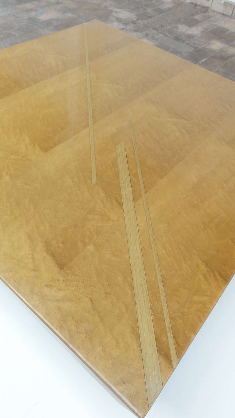 Late 20th Century rare 'ONDA' table By  Offredi , burl wood & inlaid diagonal motifs in elm