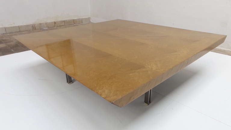 Burl rare 'ONDA' table By  Offredi , burl wood & inlaid diagonal motifs in elm