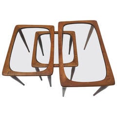 Walnut and Glass Organic Nesting Tables Attributed to Cesare Lacca for Cassina