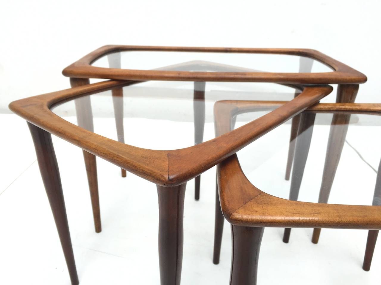 Brass Walnut and Glass Organic Nesting Tables Attributed to Cesare Lacca for Cassina