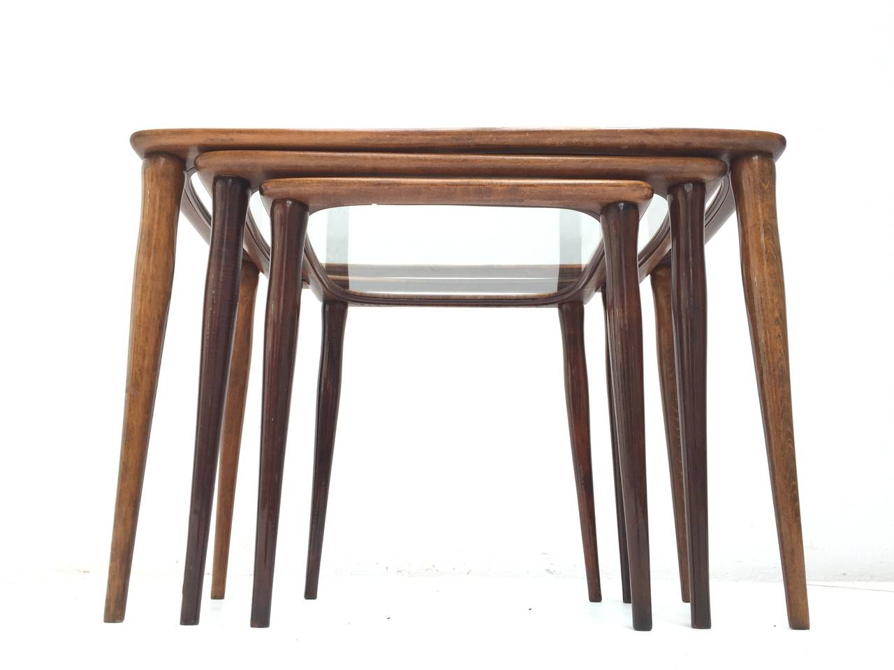 Italian Walnut and Glass Organic Nesting Tables Attributed to Cesare Lacca for Cassina