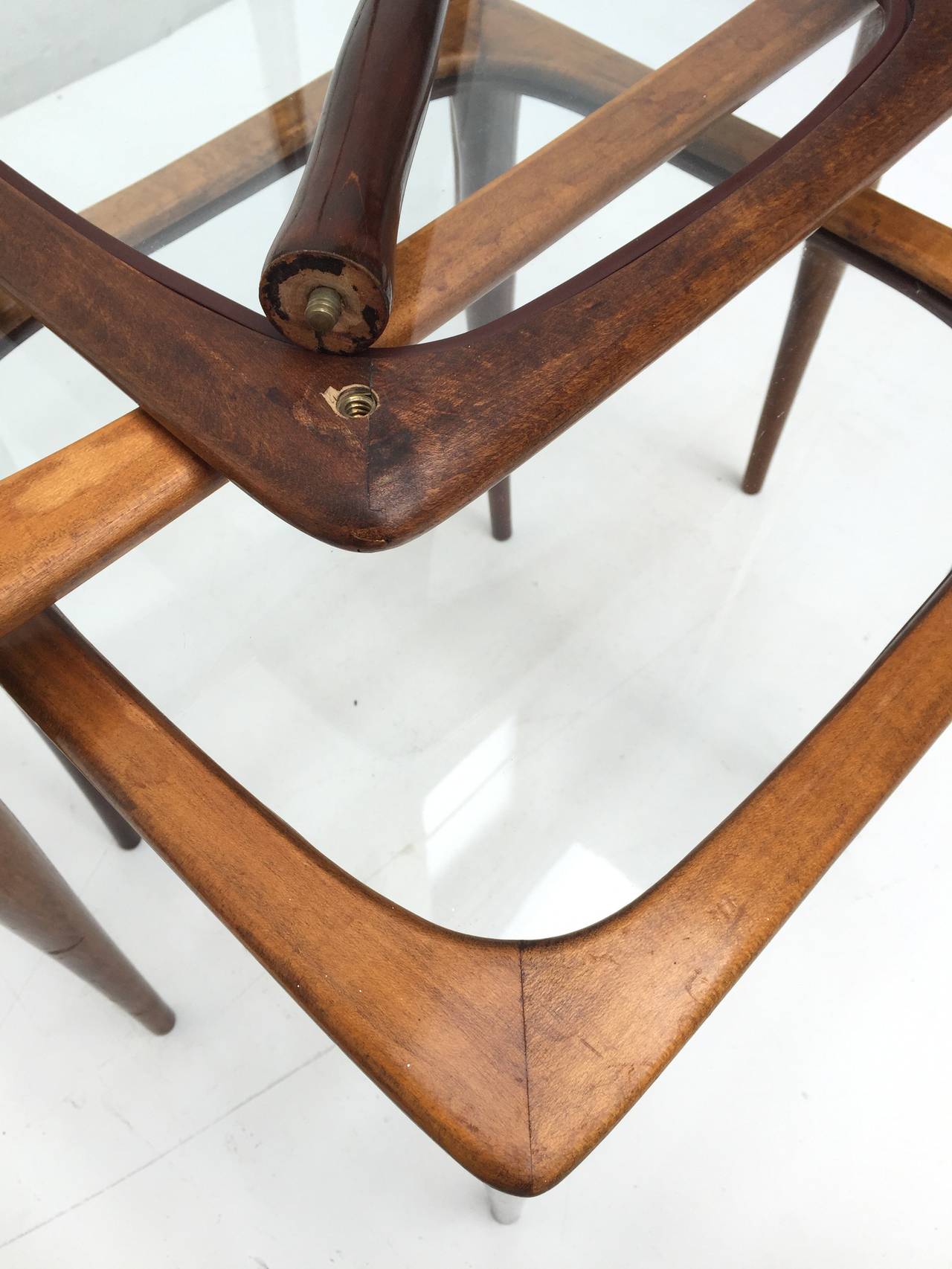 Walnut and Glass Organic Nesting Tables Attributed to Cesare Lacca for Cassina 3