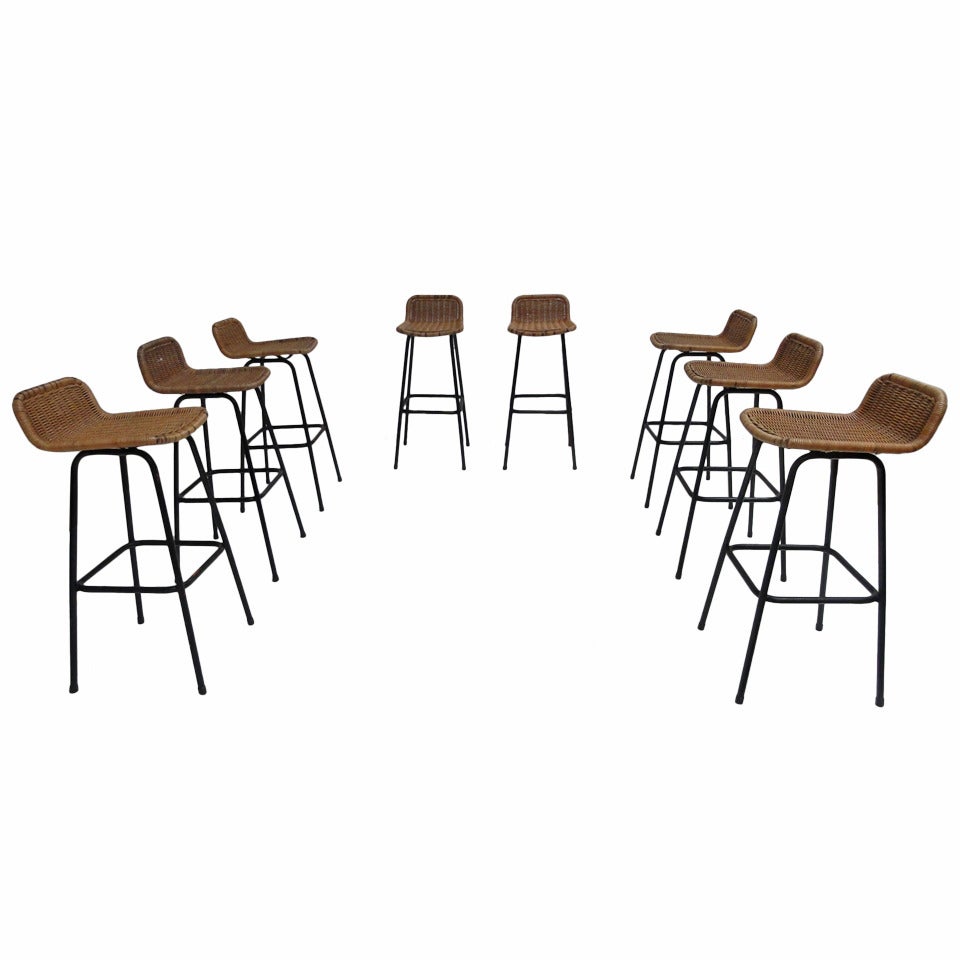 Set of Eight Wicker High Barstools by Dirk van Sliedrecht for Rohe Noordwolde