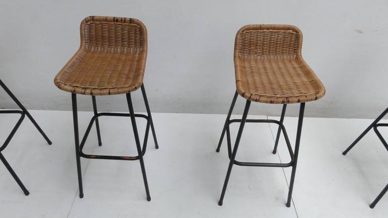 Mid-Century Modern Set of Eight Wicker High Barstools by Dirk van Sliedrecht for Rohe Noordwolde