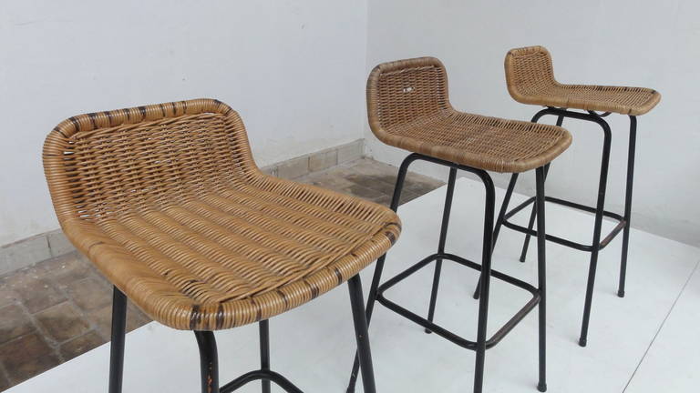 Mid-20th Century Set of Eight Wicker High Barstools by Dirk van Sliedrecht for Rohe Noordwolde