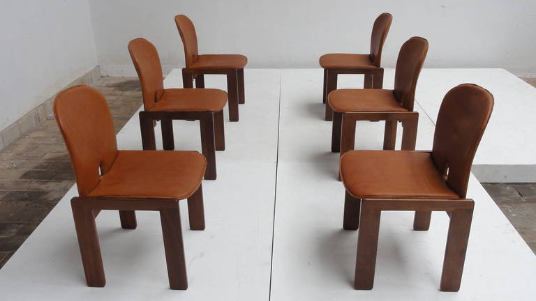 Six Scarpa "121" Chairs in Italian Walnut and Leather for Cassina, 1965
