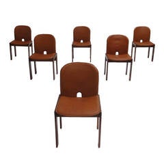 Six Scarpa "121" Chairs in Italian Walnut and Leather for Cassina, 1965