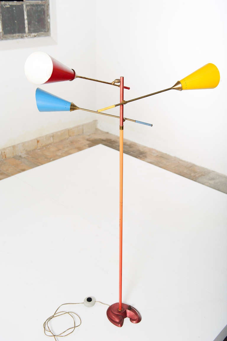 Beautiful  and extremely rare triennale floor lamp by Gino Sarfatti for Arteluce circa 1948-52.  Each arm can be adjusted   in angle via a brass ball joint connected to the main central stem.

The ceiling lamp variant of this model was catalogued