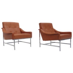 Super Rare Pair of Pieter De Bruyne Leather Lounge Chairs, Arflex, Italy, 1960
