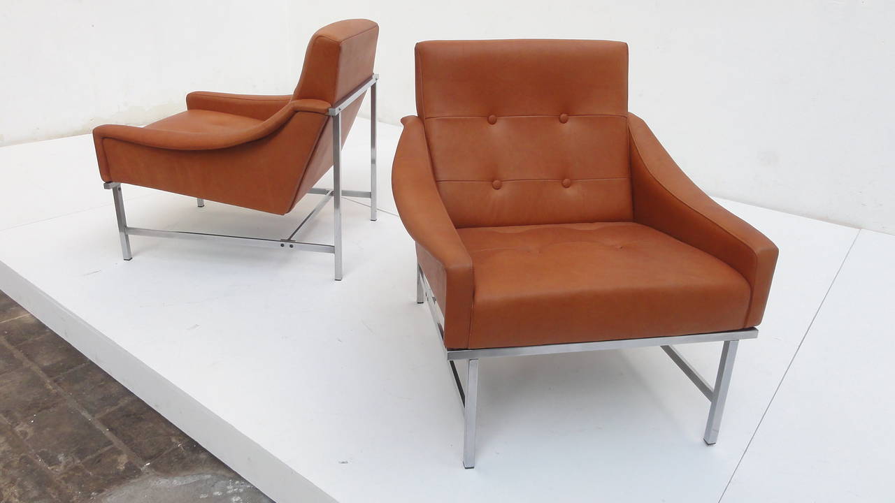 Italian Super Rare Pair of Pieter De Bruyne Leather Lounge Chairs, Arflex, Italy, 1960 For Sale