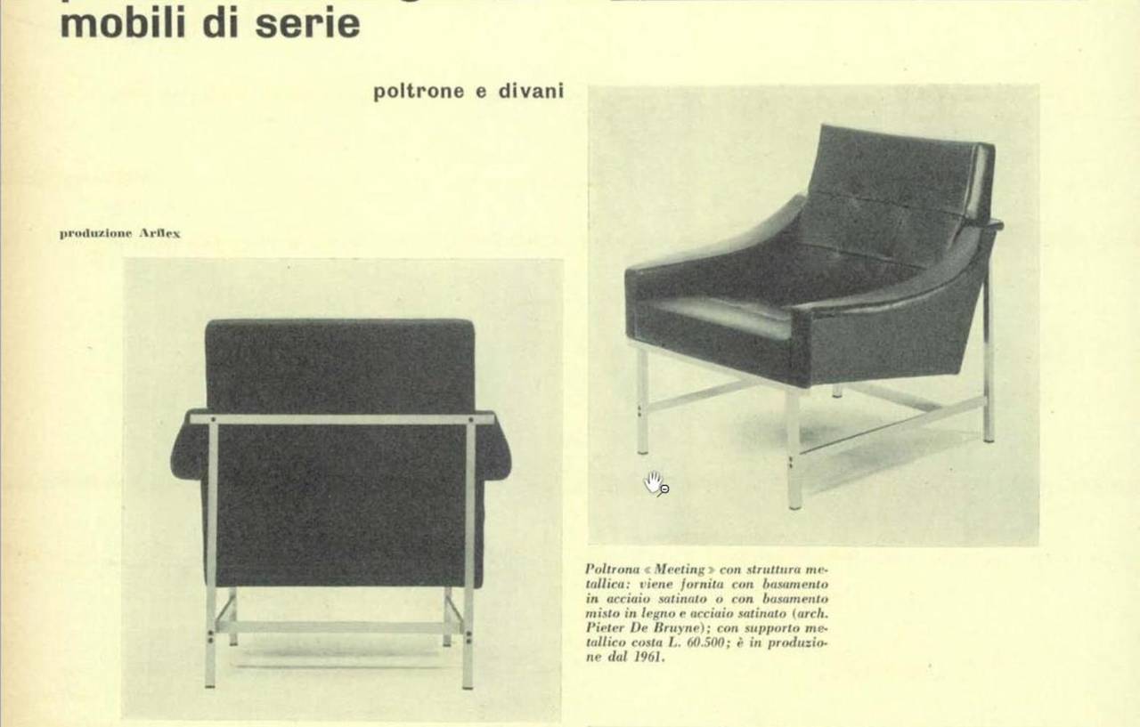 Stunning pair of leather and nickel-plated steel lounge chairs designed in 1960 by Belgian architect and design visionary Pieter De Bruyne (1931-1987) for Arflex Italy and in production from 1961. Photos of chairs prior to restoration available on