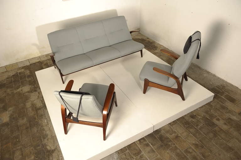Stunning mid century Gimson and Slater three piece suite comprising of a three seater sofa, one rock n rest armchair and one lounge chair. Designed and produced in Norway for Gimson & Slater Ltd UK in the 1960s.

The 'senior' chair has a unique