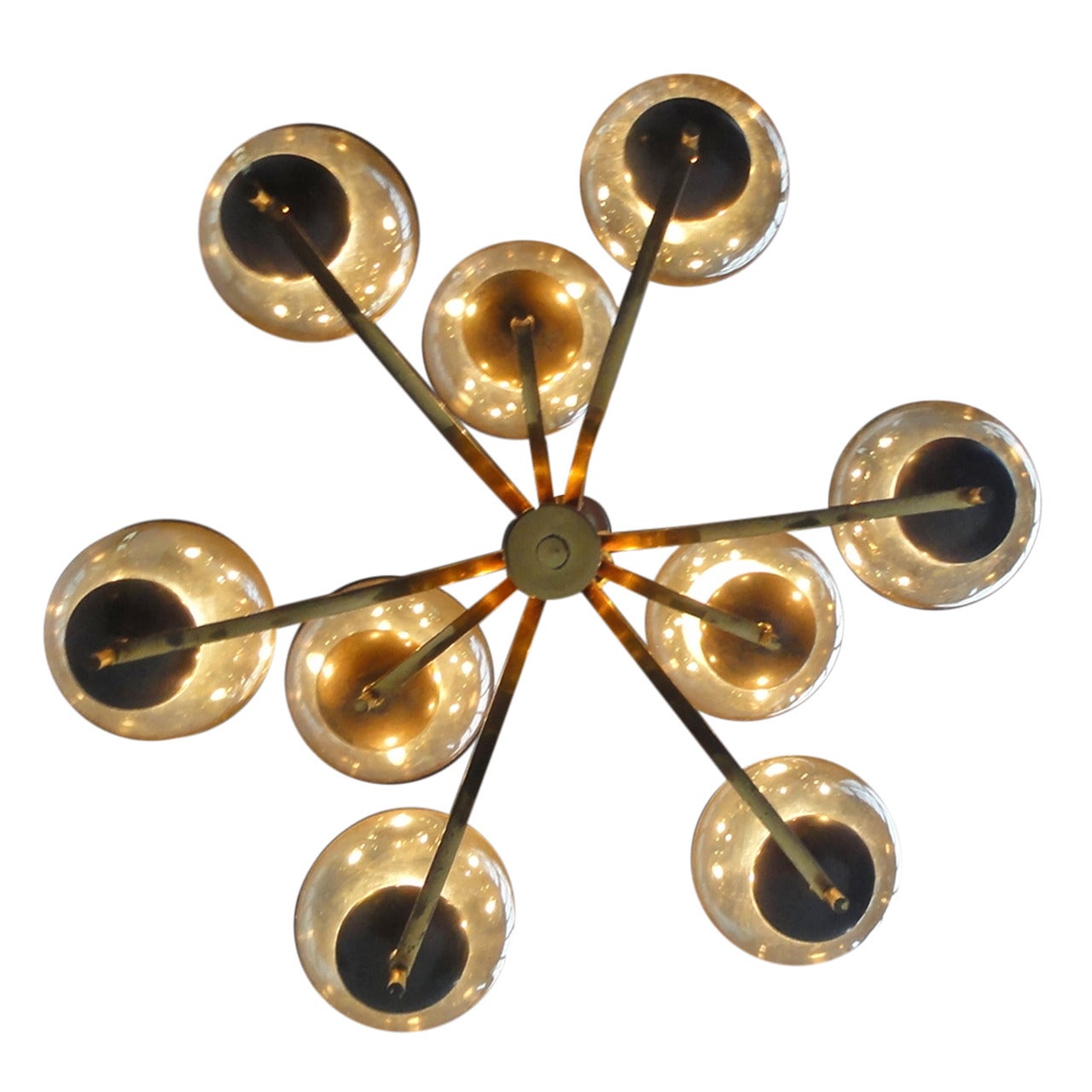 1950's Italian glass & brass chandelier with 9 glass globes