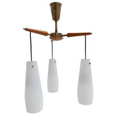 Lovely 1950's Italian chandelier, birch & brass hardware and 3 glass pendants 11