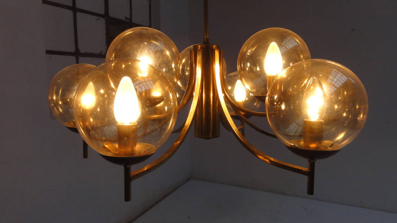 Brass 1950's Italian glass & brass chandelier with 9 glass globes For Sale